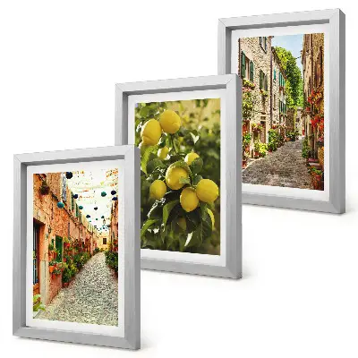 Conjunto de 3 quadros decorativos com estampa de ruas encantadoras adornadas por flores e limões