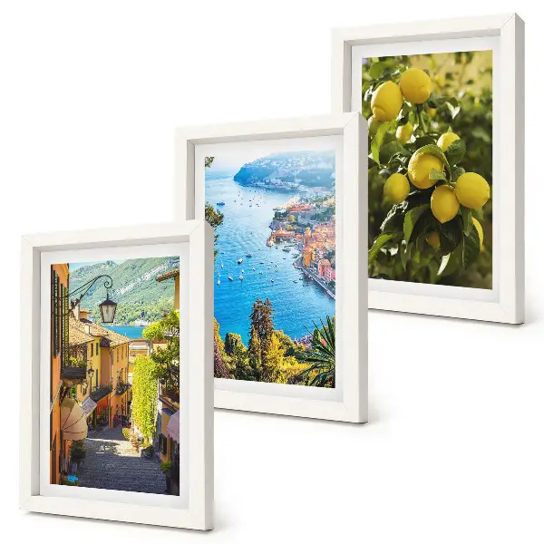 Conjunto de quadros decorativos ruas pitorescas à beira-mar com limões