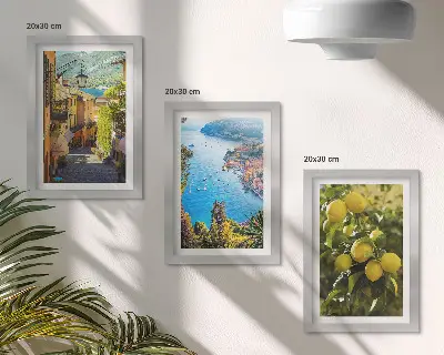 Conjunto de quadros decorativos ruas pitorescas à beira-mar com limões