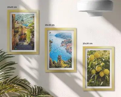 Conjunto de quadros decorativos ruas pitorescas à beira-mar com limões