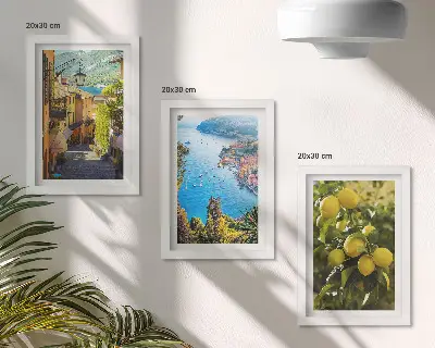 Conjunto de quadros decorativos ruas pitorescas à beira-mar com limões
