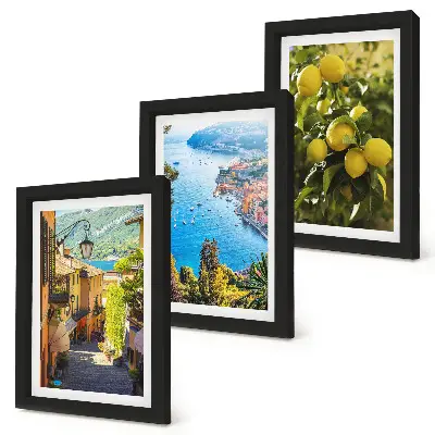 Conjunto de quadros decorativos ruas pitorescas à beira-mar com limões