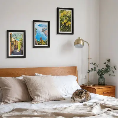Conjunto de quadros decorativos ruas pitorescas à beira-mar com limões