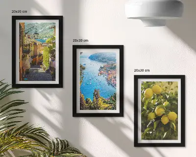 Conjunto de quadros decorativos ruas pitorescas à beira-mar com limões
