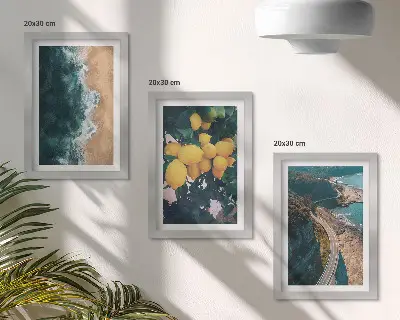 Tríptico com moldura paisagem de praia, limões, montanhas e estrada costeira