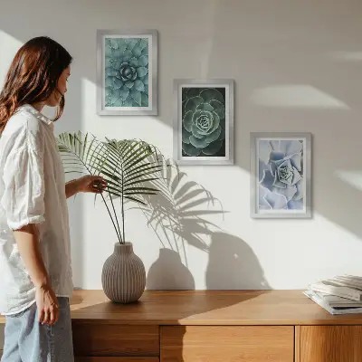 Conjunto de 3 quadros decorativos com estampas de plantas suculentas em tons de verde e turquesa