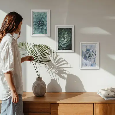 Conjunto de 3 quadros decorativos com estampas de plantas suculentas em tons de verde e turquesa