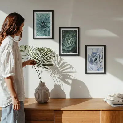 Conjunto de 3 quadros decorativos com estampas de plantas suculentas em tons de verde e turquesa