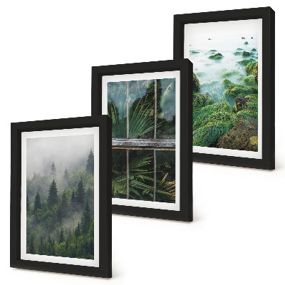 Tríptico com moldura Uma floresta na neblina, a margem de um rio e uma estufa com plantas.