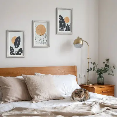 Conjunto de 3 quadros decorativos com padrões de plantas e sóis grandes em estilo minimalista