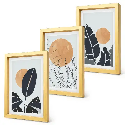 Conjunto de 3 quadros decorativos com padrões de plantas e sóis grandes em estilo minimalista