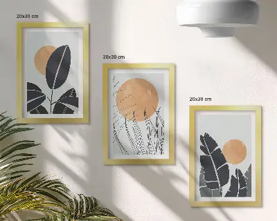 Conjunto de 3 quadros decorativos com padrões de plantas e sóis grandes em estilo minimalista