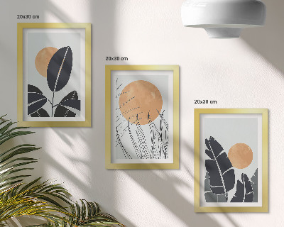 Conjunto de 3 quadros decorativos Padrões de plantas com sóis grandes, estilo minimalista