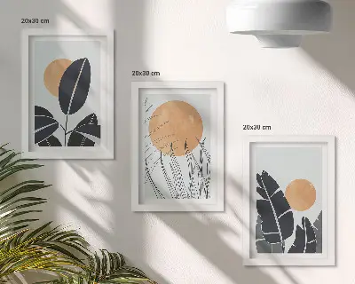 Conjunto de 3 quadros decorativos com padrões de plantas e sóis grandes em estilo minimalista