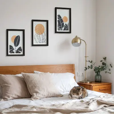 Conjunto de 3 quadros decorativos com padrões de plantas e sóis grandes em estilo minimalista