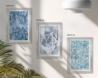 Conjunto de molduras com imagens paisagem de floresta de inverno com flores azuis e superfície da água