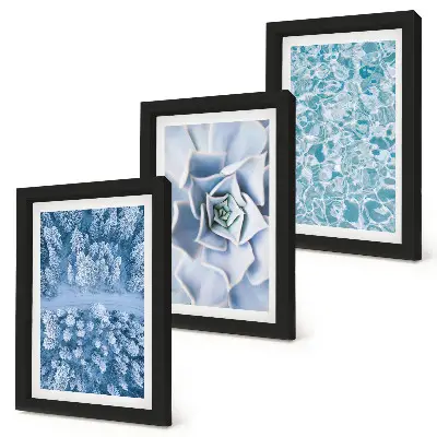 Conjunto de molduras com imagens paisagem de floresta de inverno com flores azuis e superfície da água
