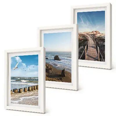 Conjunto de 3 quadros decorativos com vista da praia, ondas, céu e píer para pedestres