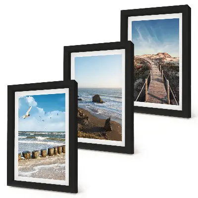Conjunto de 3 quadros decorativos com vista da praia, ondas, céu e píer para pedestres