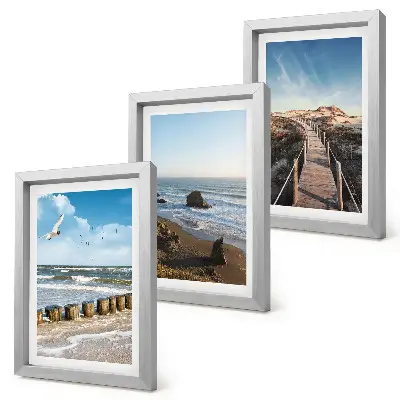 Conjunto de 3 quadros decorativos com vista da praia, ondas, céu e píer para pedestres