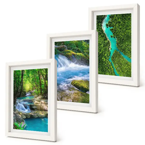 Conjunto de 3 quadros decorativos com estampa de florestas verdejantes e águas cristalinas de rios