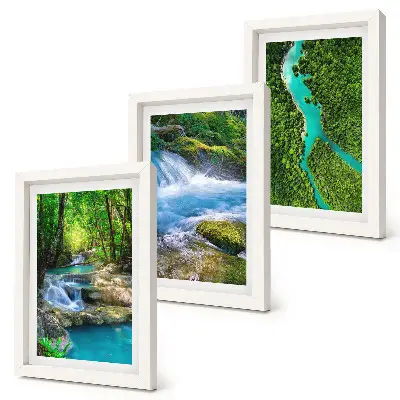 Conjunto de 3 quadros decorativos com estampa de florestas verdejantes e águas cristalinas de rios