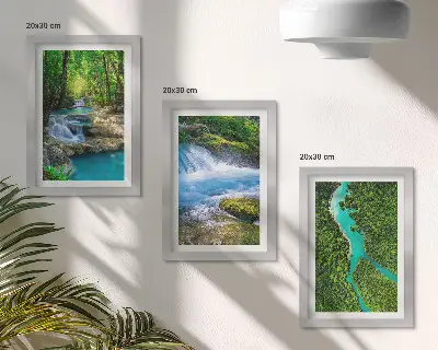 Conjunto de 3 quadros decorativos com estampa de florestas verdejantes e águas cristalinas de rios