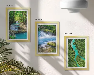 Conjunto de 3 quadros decorativos com estampa de florestas verdejantes e águas cristalinas de rios