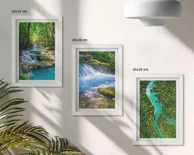 Conjunto de 3 quadros decorativos com estampa de florestas verdejantes e águas cristalinas de rios