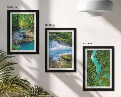 Conjunto de 3 quadros decorativos com estampa de florestas verdejantes e águas cristalinas de rios
