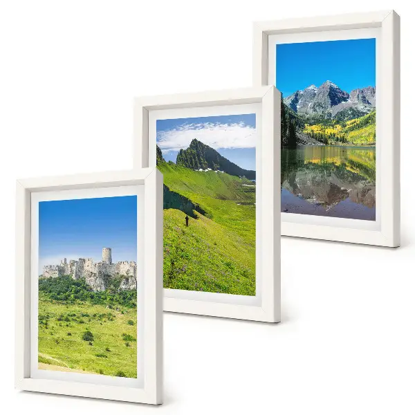 Conjunto de 3 quadros decorativos com estampa de colinas verdejantes, castelo e paisagens montanhosas