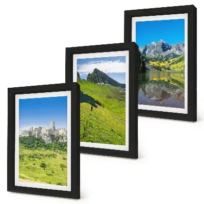 Conjunto de 3 quadros decorativos com estampa de colinas verdejantes, castelo e paisagens montanhosas