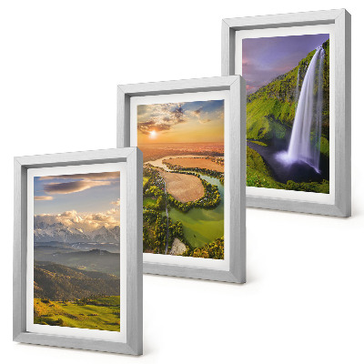 Conjunto de molduras com imagens Vistas de rios e cachoeiras nas montanhas em meio à natureza.