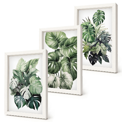 Tríptico com moldura Folhas verdes de plantas tropicais em aquarela