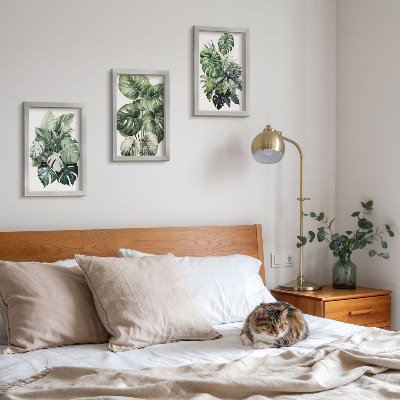 Tríptico com moldura Folhas verdes de plantas tropicais em aquarela