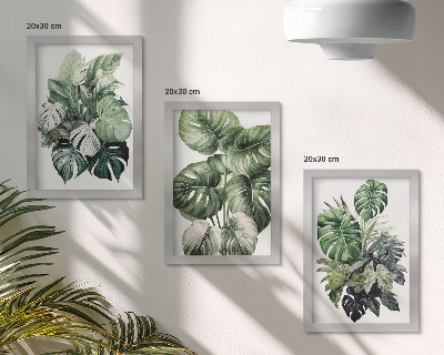 Tríptico com moldura Folhas verdes de plantas tropicais em aquarela