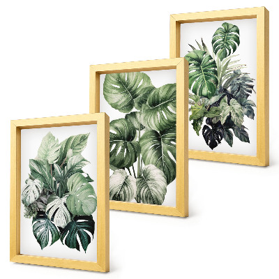 Tríptico com moldura Folhas verdes de plantas tropicais em aquarela