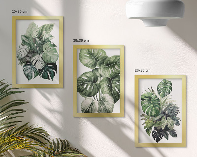 Tríptico com moldura Folhas verdes de plantas tropicais em aquarela