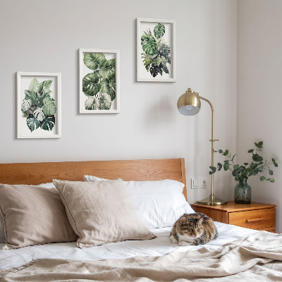 Tríptico com moldura Folhas verdes de plantas tropicais em aquarela
