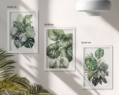 Tríptico com moldura Folhas verdes de plantas tropicais em aquarela