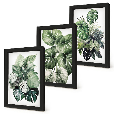 Tríptico com moldura Folhas verdes de plantas tropicais em aquarela