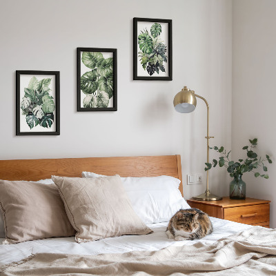 Tríptico com moldura Folhas verdes de plantas tropicais em aquarela