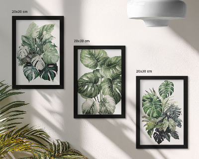 Tríptico com moldura Folhas verdes de plantas tropicais em aquarela
