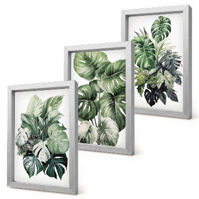 Tríptico com moldura Folhas verdes de plantas tropicais em aquarela