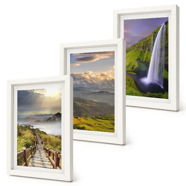 Conjunto de 3 quadros decorativos paisagens montanhosas pitorescas com cachoeira e trilha