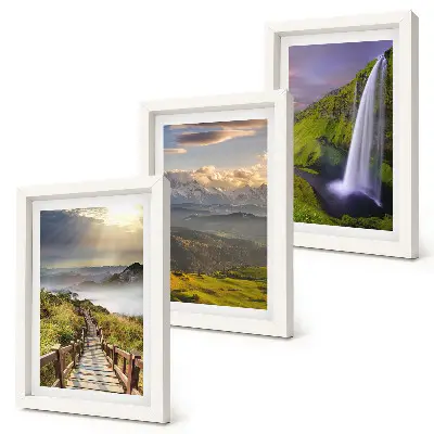 Conjunto de 3 quadros decorativos paisagens montanhosas pitorescas com cachoeira e trilha