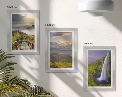 Conjunto de 3 quadros decorativos paisagens montanhosas pitorescas com cachoeira e trilha