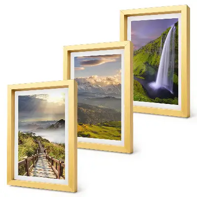 Conjunto de 3 quadros decorativos paisagens montanhosas pitorescas com cachoeira e trilha