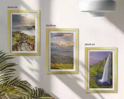 Conjunto de 3 quadros decorativos paisagens montanhosas pitorescas com cachoeira e trilha