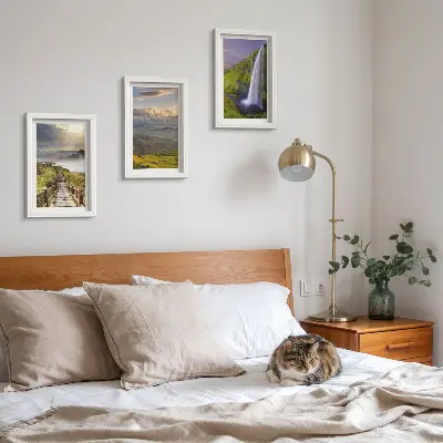 Conjunto de 3 quadros decorativos paisagens montanhosas pitorescas com cachoeira e trilha